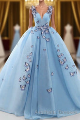 Blue Butterfly Flowers Lace Up Ball Gowns Long Evening Prom Dresses